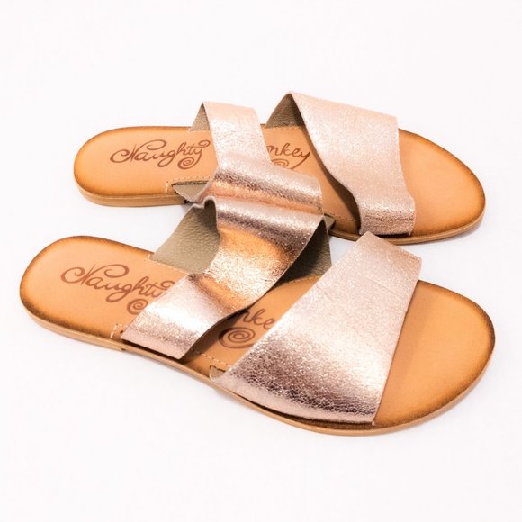naughty monkey Shoes - NAUGHTY MONKEY Womens Leather Sparkly Metallic Rose Gold Slide Sandals Size 9